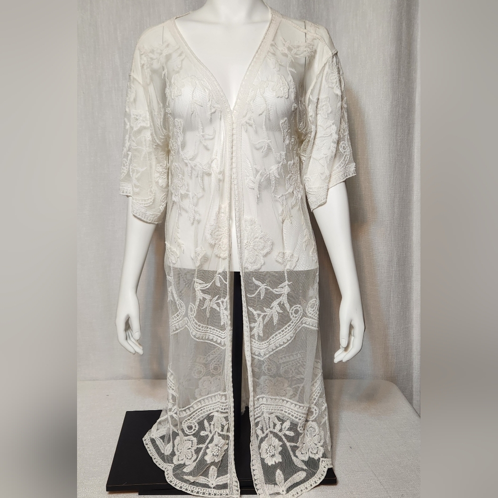 Vintage Above And Beyond Sheer Lace Duster Wrap Robe Lingerie Large